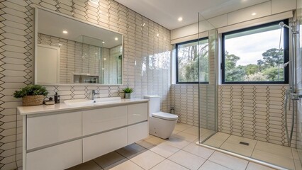 Minimalist bathroom with uniform covering and geometric pattern