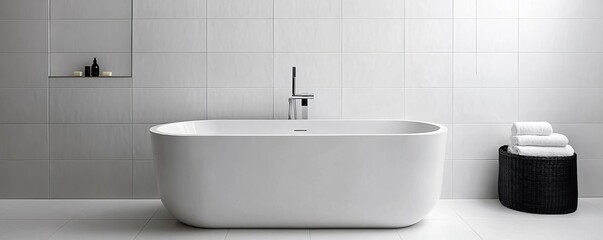 Fototapeta premium Minimalist bathroom with white porcelain tiles, freestanding bathtub, sleek chrome accents, modern simplicity