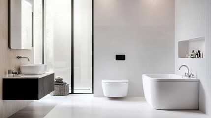 Fototapeta premium Modern bathroom with heated floors, white porcelain tiles, sleek fixtures, comfortable and elegant