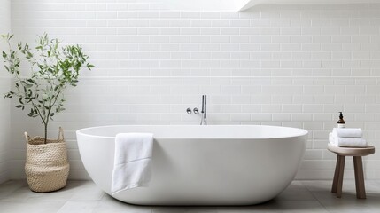 Round freestanding tub, skylight above, bright and airy feel