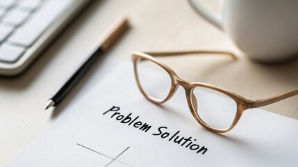 Businessman employing eyeglasses, pen, keyboard, and coffee cup to solve a problem