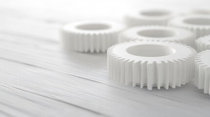 Collaboration and precision: white gears on wooden surface emphasize the importance of interconnectedness in achieving engineering goals