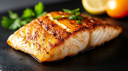 Grilled cod fillet with herbs on black slate plate, garnished with lemon slice and cherry tomato, creating a gourmet culinary composition