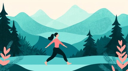 Woman walking through lush mountains nature illustrations tranquil environment scenic view healthy lifestyle concept