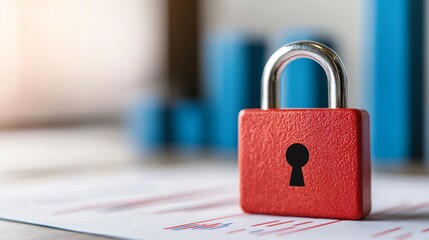 Fototapeta premium Red padlock securing financial documents and charts, ensuring data protection and security in business operations
