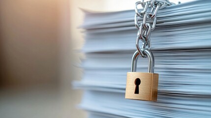 Naklejka premium Securing vital documents with a padlock and chain to maintain data privacy and security