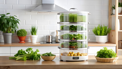 Multi-Layer Steamer Display with White Wall and Green Plants. Perfect for: Health Events, Kitchen Makeovers, Cooking Tutorials