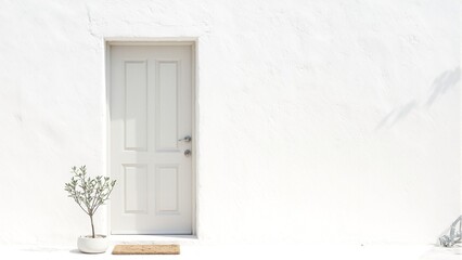 Fototapeta premium Tranquil front door with olive tree on white wall in bright light