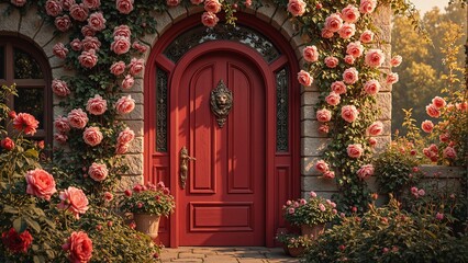 Enchanting red door with lion head handle and blooming roses in golden light