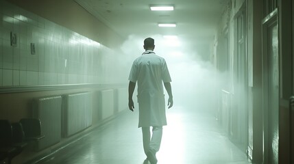 A doctor strolls through a hospital corridor, harmonized with the building's architecture