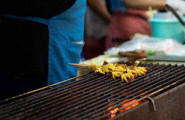 A person is cooking food on a grill, Grilled Squid. The food is being cooked on skewers and is being cooked on a grill