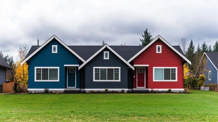 Obraz premium Promoting home safety through public security systems architectural design of a dual-colored residence suburban area real estate photography cloudy skies modern living concept