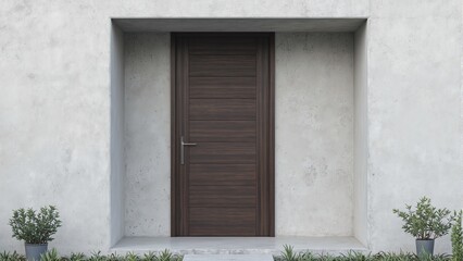 Modern dark wood front door with stainless steel handle against concrete wall and potted plants