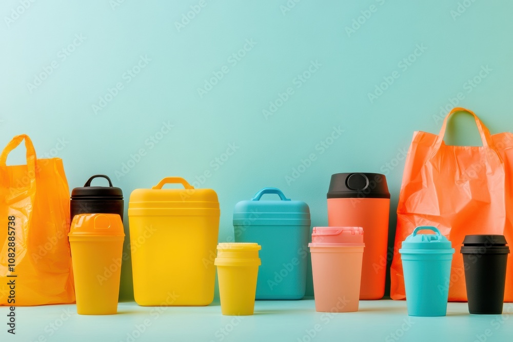 Poster the arrangement showcases vibrant reusable containers alongside single-use plastic bags and cups, em