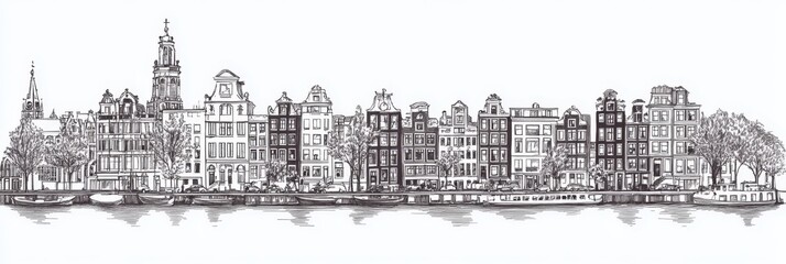 Obraz premium Single line drawing of Amsterdam canal houses, showcasing architecture, cityscape, Netherlands, urban, and travel.