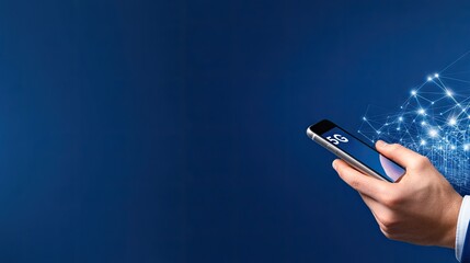 Exploring the future of connectivity with a hand holding a smartphone against a vibrant blue backdrop highlighting 5G technology