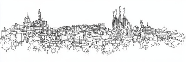 Elegant single-line drawing of Barcelona's iconic skyline, featuring Sagrada Familia, Montju&iuml;c, and the city's unique architecture.  A minimalist depiction of Spanish charm.