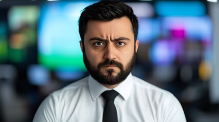 Fototapeta premium Serious reporter discusses current events news studio professional portrait modern environment close-up viewpoint journalism insights