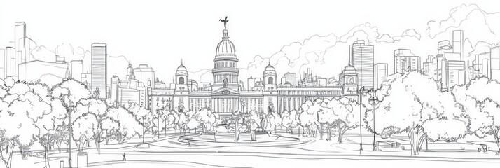 Fototapeta premium Elegant line art depicting Buenos Aires' iconic architecture, city buildings, and lush parklands. Symbolizing urban beauty, architectural design, nature, travel, and Argentina.