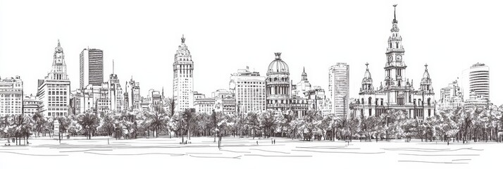 Fototapeta premium Elegant line art depicting Buenos Aires cityscape, architecture, urban landscape, trees, and park. Evokes travel, city exploration, and South American culture.