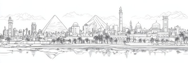 Fototapeta premium Elegant single-line drawing of Cairo's skyline, featuring pyramids, mosques, palm trees, and the Nile River. Captures Egypt's beauty and history.