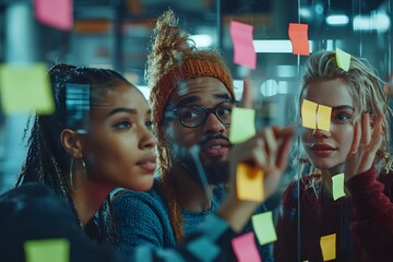Obraz premium Team brainstorming and planning session with sticky notes, fostering collaboration and innovative ideas in a modern work environment