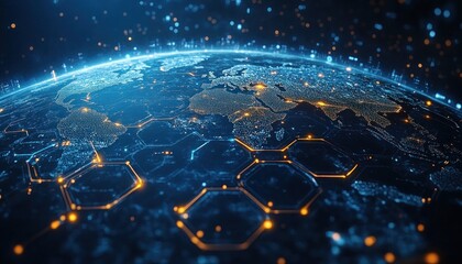 Global network connection, digital earth with glowing hexagons and data streams.
