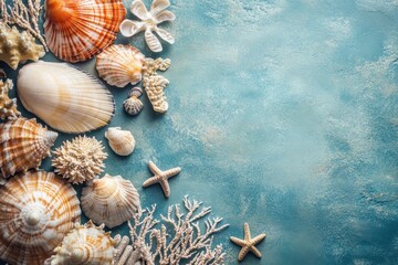 Obraz premium A collection of seashells and coral arranged on a blue surface for a coastal decoration project