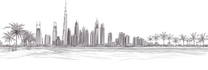 Fototapeta premium Elegant single-line drawing of Dubai's iconic cityscape, featuring skyscrapers, palm trees, and a tranquil waterfront. Modern, minimalist, elegant.