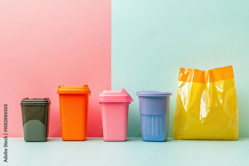 Aufkleber reusable containers are displayed prominently against a striking background of single-use plastic ba