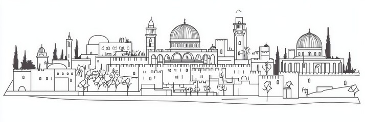 Fototapeta premium Jerusalem cityscape, single line drawing, Israel, Dome of the Rock, ancient walls, religious landmark, travel.