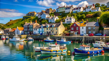 Seaside Village with White Boats and Colorful Cliff Houses. Perfect for: Summer Holidays, Coastal Getaways, Mediterranean Adventures