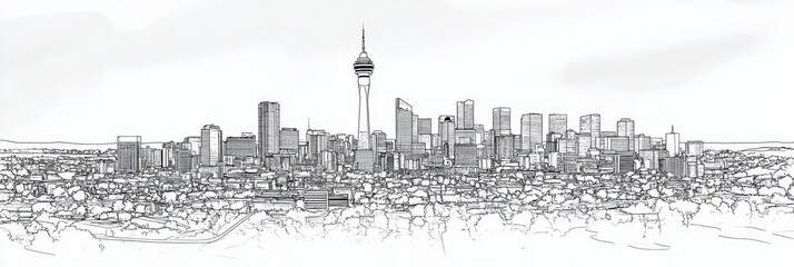 Obraz premium Elegant line art depicting Johannesburg's iconic skyline, showcasing modern architecture, urban landscape, and the city's unique character. Symbolizes growth, modernity, and South African identity.