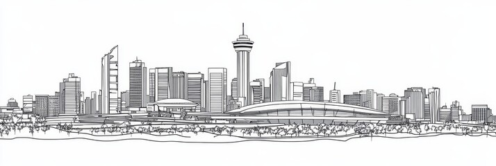 Obraz premium Elegant line art depicting Johannesburg's iconic cityscape, showcasing skyscrapers, stadiums, and the city's unique architectural character. Modern, urban, South Africa, architecture, design.