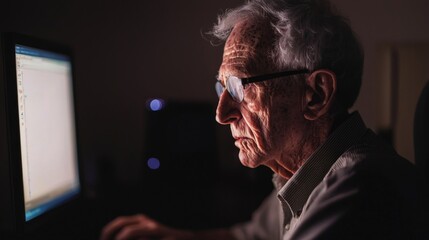 Senior learning to use computer for virtual communication home office portrait cozy environment close-up digital literacy