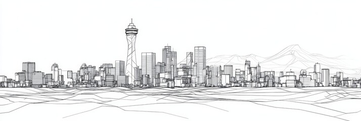 Fototapeta premium Modern city, architectural sketch, urban landscape, South Africa, line art.