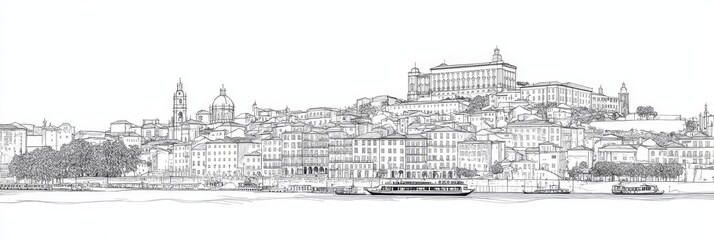Elegant single-line drawing of Lisbon's cityscape, featuring buildings, river, boats, and a historic feel.  Evokes travel, architecture, Portugal, history, and art.