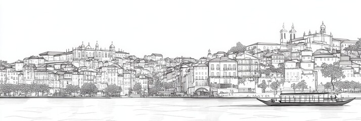 Fototapeta premium Elegant single-line drawing of Lisbon's cityscape, featuring historical buildings, a river, and a boat. Symbolizes travel, architecture, history, Portugal, and urban beauty.