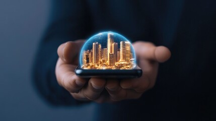 A hand embraces a smartphone displaying a holographic city, emphasizing the future of urban design and technological innovation