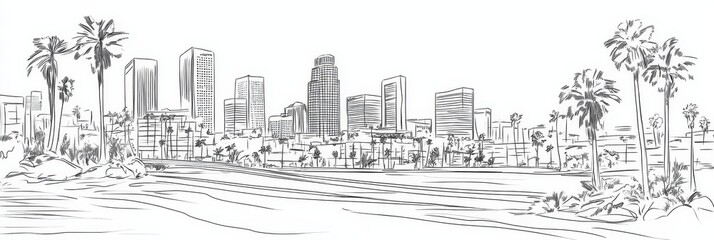 Fototapeta premium Elegant single line drawing of the Los Angeles skyline, palm trees, city buildings, urban landscape, California.