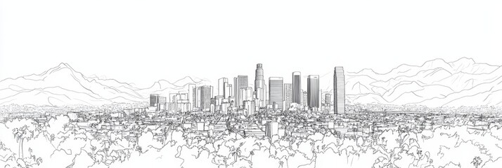 Single-line drawing of LA skyline, mountains, city landscape, urban art, California.