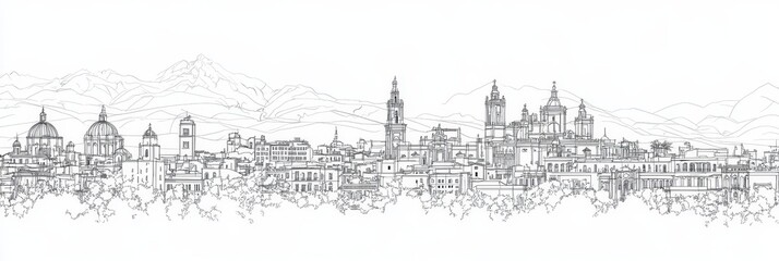 Obraz premium Elegant line art depicting Mexico Citys iconic cityscape, mountains, architecture, history, and culture.