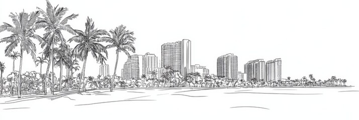 Fototapeta premium Miami Beach cityscape, palm trees, ocean, single line drawing, minimalist art. Evokes relaxation, travel, and urban nature.