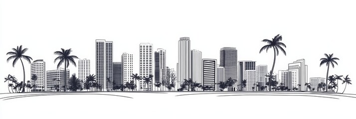 Naklejka premium Minimalist Miami cityscape, palm trees, urban, architecture, Florida.