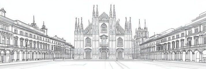 Fototapeta premium Elegant line art depicting Milan's iconic Duomo cathedral, Piazza Duomo, and surrounding architecture. Symbolizes Italian architecture, history, travel, cityscapes, and art.