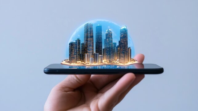 Exploring a futuristic holographic city displayed on a smartphone, symbolizing technology's progress and urban innovation