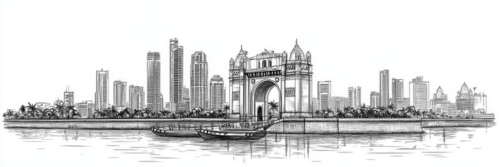Elegant single-line drawing of Mumbai's iconic Gateway of India, cityscape, harbor, boats, and architecture.  Captures city's beauty, history, and modern aspects.
