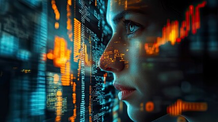 A young woman with intense blue eyes stares intently at a screen filled with glowing lines of code and abstract shapes.