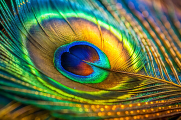 Obraz premium A close-up view of a peacock feather showcasing vibrant colors and intricate patterns.