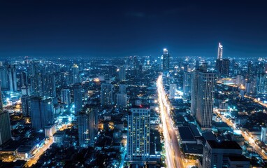A vibrant night view of Bangkok's skyline showcasing smart city technology and digital connectivity advancements